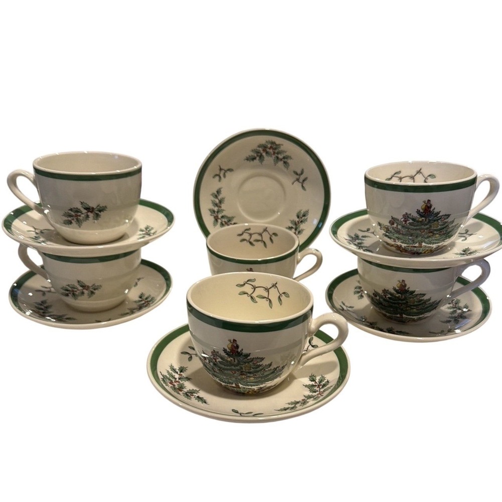 Spode Christmas Tree Tea Cup and Saucer Set of 6 Made in England S3324-A7